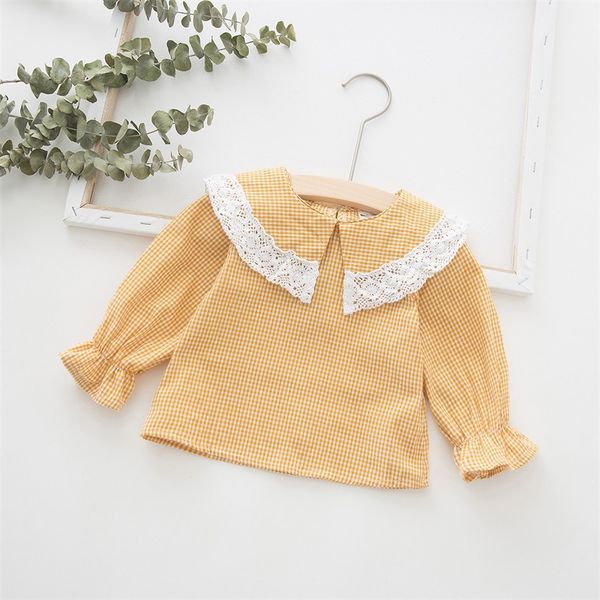

autumn kids toddler baby girl t-shirt plaid lace blouse ruffles baby children clothings, Blue