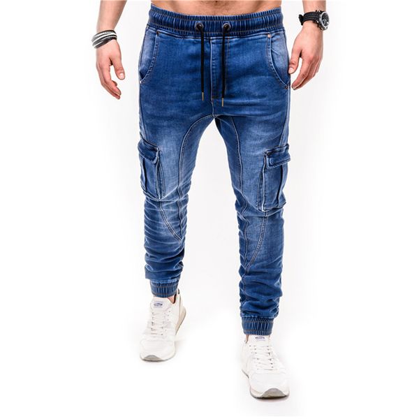 

man jeans beam feet elastic waist trousers male multi-pocket overalls solid color casual sports jean denim pant new, Blue