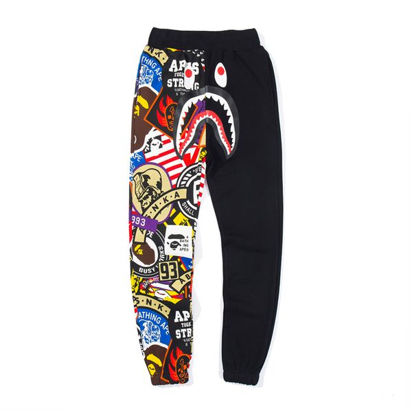 

tide brand lover shark head print graffiti stitching pants trousers men's casual personality loose long pants sizes m-2xl ng, Black
