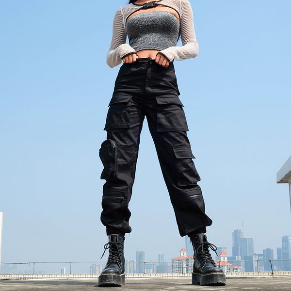 

suchcute high waist tooling pants for women plus size pockets lasdies street wear patchwork pencil sweat bottom korean style, Black;white