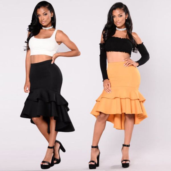 

women packet hip ruffled solid asymmetrical skirt clubwear casual party, Black