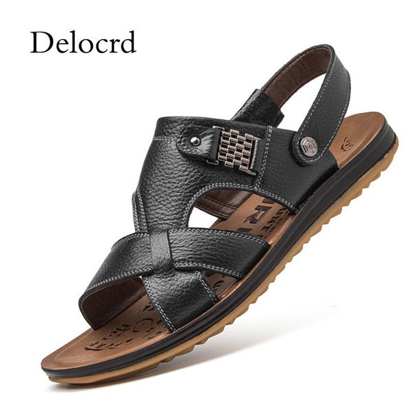 

summer men sandals genuine leather men beach shoes brand casual shoes slippers sneakers flip flops d, Black