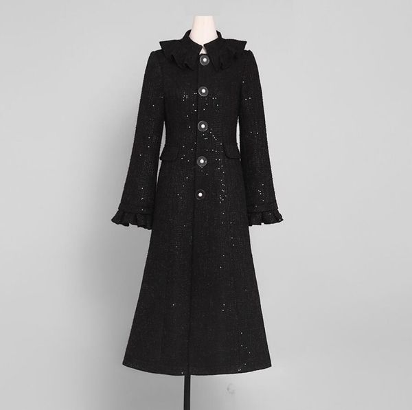 

new autumn winter women woolen coat elegant vintage sequin ruffle long coat black luxury outwear r2249