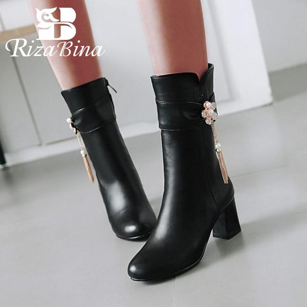 

rizabina women high heel boots warm fur shoes women winter mid calf boots flower crystal wedding party shoes size 32-43, Black