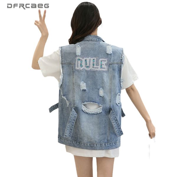 

vintage ripped hole jeans vest women 2020 summer sleeveless denim jacket femme gilet streetwear retro jean waistcoat, Black;white