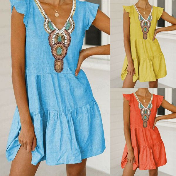 

brand new women dresses print boho floral long loose dress ruffles party holiday v neck short sleeve mini sundress 2019, Black;gray
