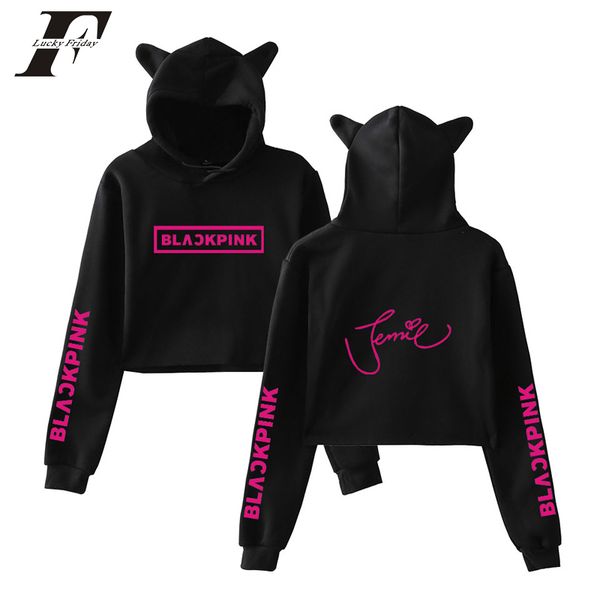 

luckfridayf blackpink cat уха кадрированного вверх hoodies толстовки черный розовый kpop sexy crop top женщины сексуальный хит горячей одежд, Black