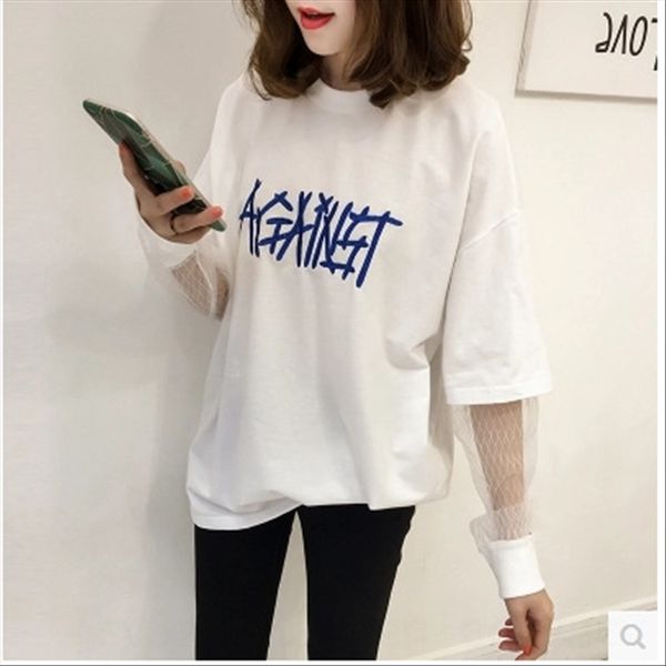 

autumn embroidery letter mesh t-shirt embroidered pullover stitching fake two-piece t-shirt female long sleeve student loose pullover top, White