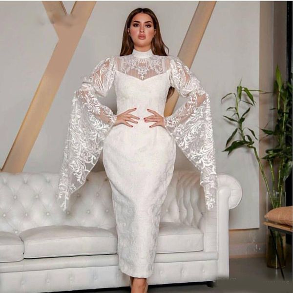 

white full lace sheath ankle length abric dubai prom dresses high neck poet sleeve short evening gown plus size formal dress, Black