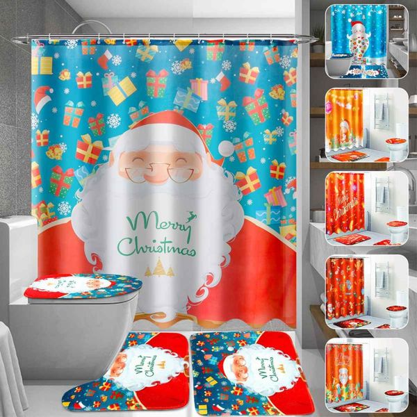 

merry christmas bathroom set waterproof shower curtain 3pcs toilet rug bath mat lid toilet cover polyester with c-shaped hooks