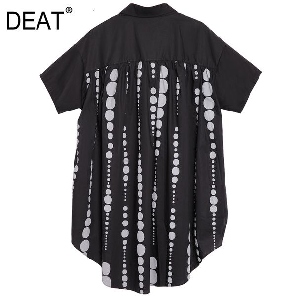 

deat 2020 new spring summer lapel short sleeve black back dot striped stitch irregular hem loose shirt women blouse fashion jf37, White