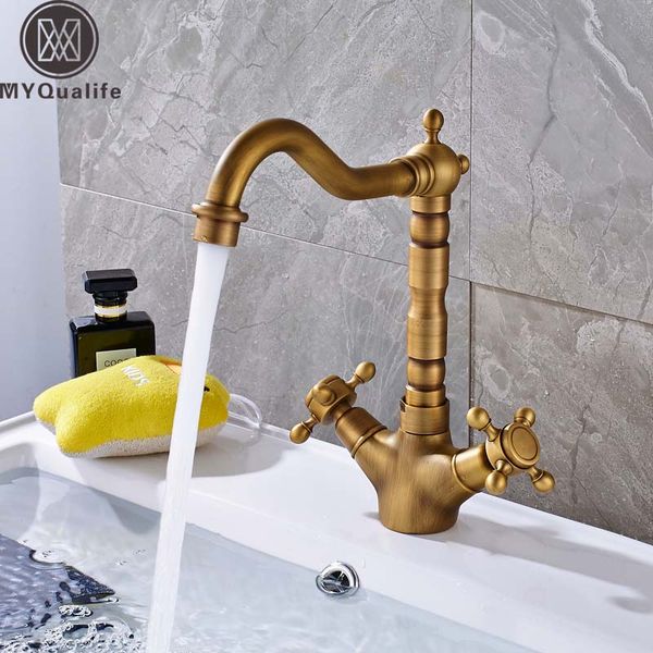 

dual handle swivel bathroom kitchen sink faucet antique brass mixer tap with and cold water deck mounted