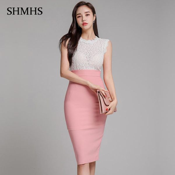

sleeveless white lace stitching high waist pink party pencil dress 2020 summer simple occupation elegant office lady dress, Black;gray