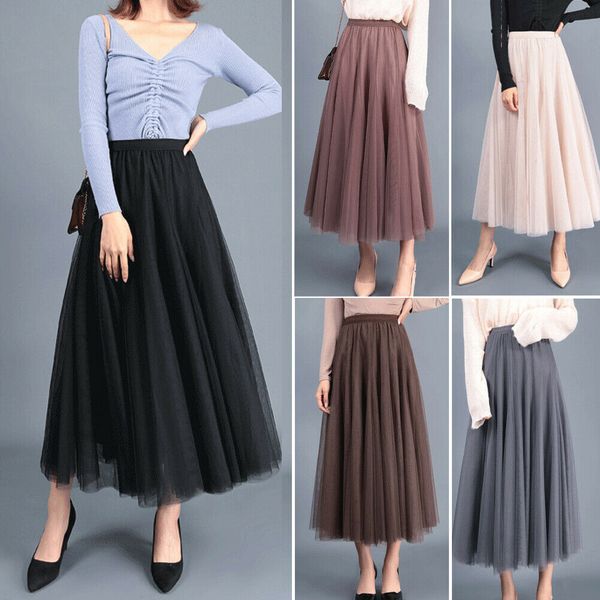 

новая мода юбки женские эластичные высокая талия тюль сетка юбка длинные плиссированные юбки бесплатная доставка завод, Black