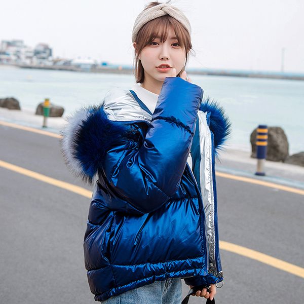

2019 winter down parka womens glossy winter jacket women puffy coat fur collar hooded plus size warm thick parka loose coat, Black