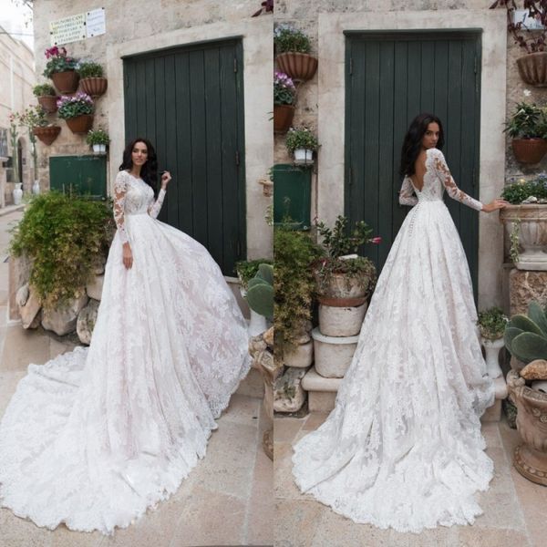 

elegant ball gown wedding dresses lace applique backless long sleeves wedding dress sweep train vestidos de novia, White