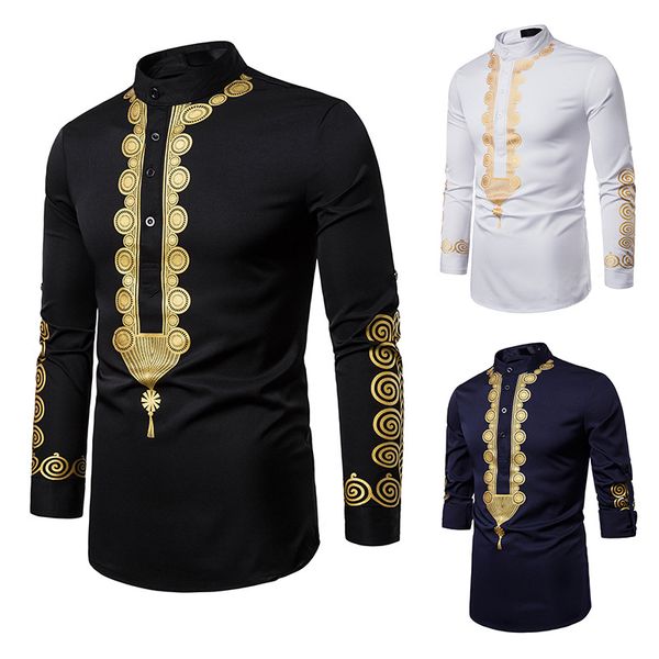 

2019 fashion men shirt long sleeve print floral cotton shirt ethnic tribal style men dress shirts eu size s-2xl black white, White;black