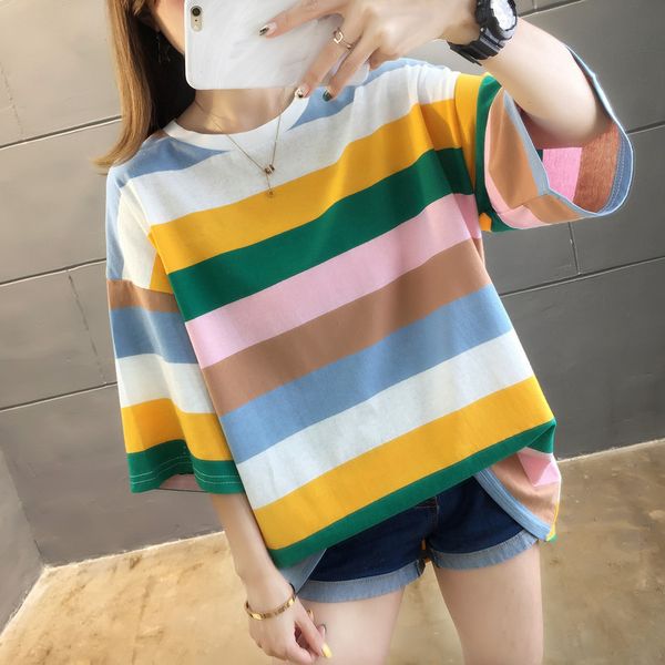 

2020 rainbow stripes short sleeve t-shirt plus-sized womenswear mm summer new style mid-length loose and plus-sized belly coveri, White