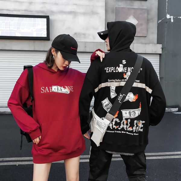 

hip hop streetwear hooded jacket sweatshirt men dollars printing men hoodie full loose, Black