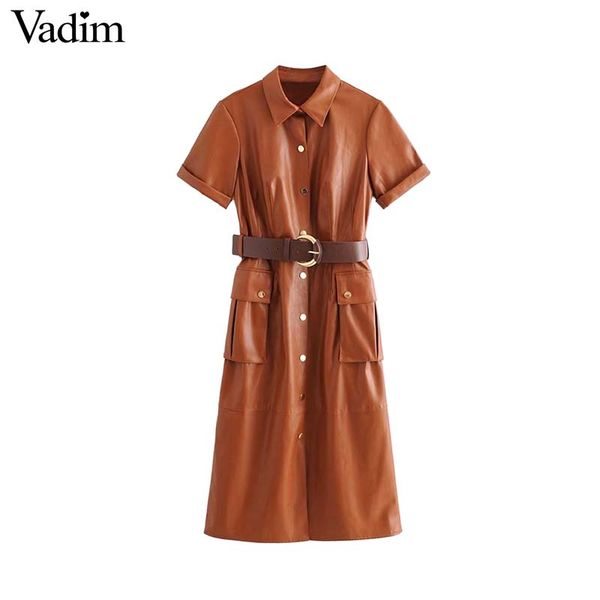 

vadim women stylish pu leather midi dress short sleeve belt design pockets female casual elegant chic dresses vestidos qc918, Black;gray