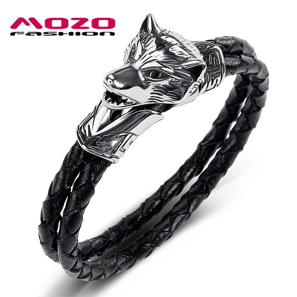 

mozo fashion men jewelry genuine leather bracelet stainless steel punk ferocious wolf charm exaggeration bracelets for gift 545, White