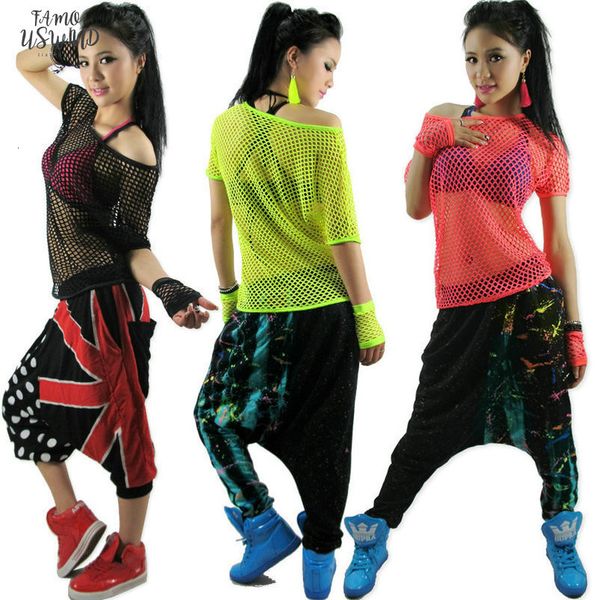 

new fashion hip hop dance female jazz costume performance wear stage clothing neon petal sleeve cutout t shirt, White