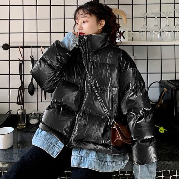

ewq] 2019 winter new full sleeve thick warm parka overcoat korea stitching denim plus size black cotton-padded jacket ql98400