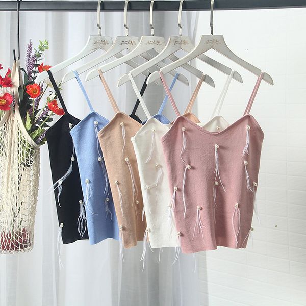 

women summer camisole basic versatile slim pearl feather sling bottoming stretch camisole, White