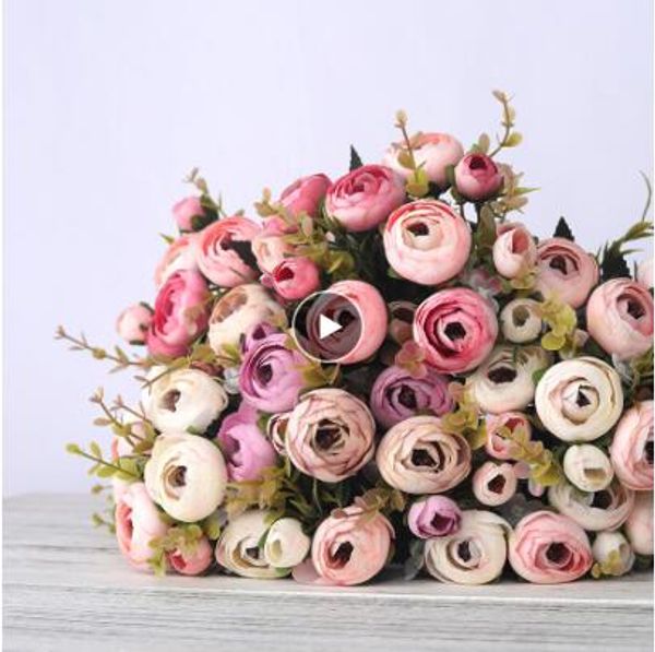 

european vintage artificial silk tea rose flowers 6 head 4 small bud bouquet wedding home retro fake flower party diy decoration