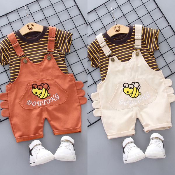 

2019 тенденция стиль лето хлопок круглый воротник пчелка полосатый узор с коротким рукавом и ремни шорты две штуки для мальчиков и девочек, White