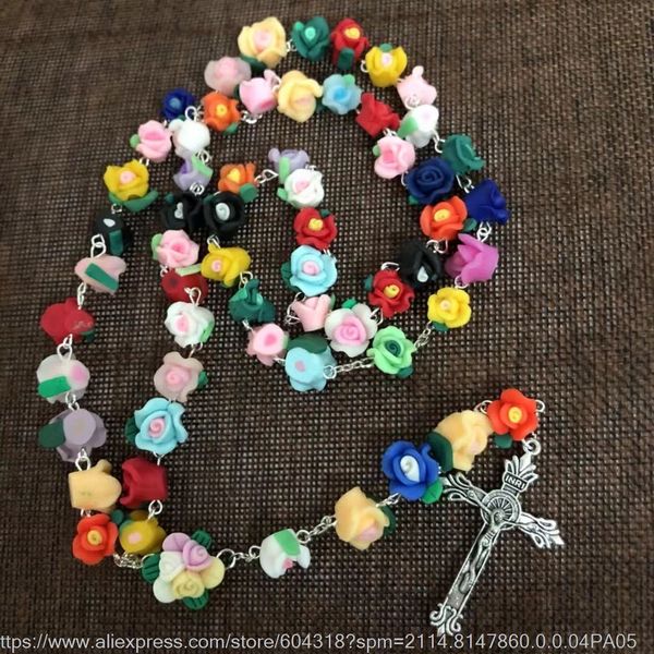 

mixed colorsoft cerami rosary rose flower beads jesus cross necklace virgin guadalupe rosary center, Silver