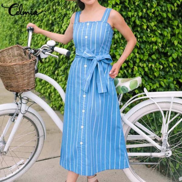 

casual dresses plus size sundress 2021 celmia women vintage striped long shirt dress sleeveless loose belted party beach vestidos robe, Black;gray