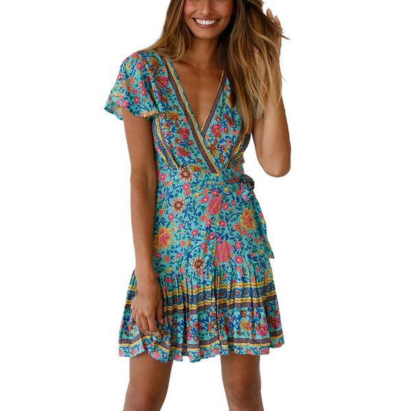 

summer dress women 2019 boho floral print sundress beach short mini dress short sleeve v neck bohemian robe femme, Black;gray
