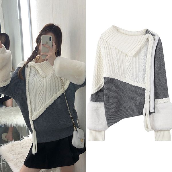 

new korean new autumn and winter women's wool splicing long sleeve woven twist side zipper sweater knitwear, White