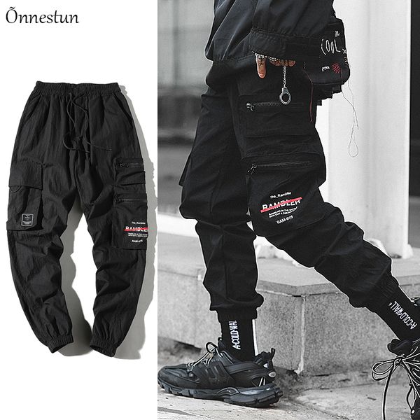 

men's pants onnestun hip hop cargo men spring autumn multi pocket tactical trousers streetwear print, Black