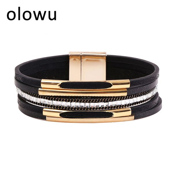 

olowu luxury bohemian style leather bracelets bangles gold color magnetic buckle women bracelet black khaki grey color bracelet, Golden;silver