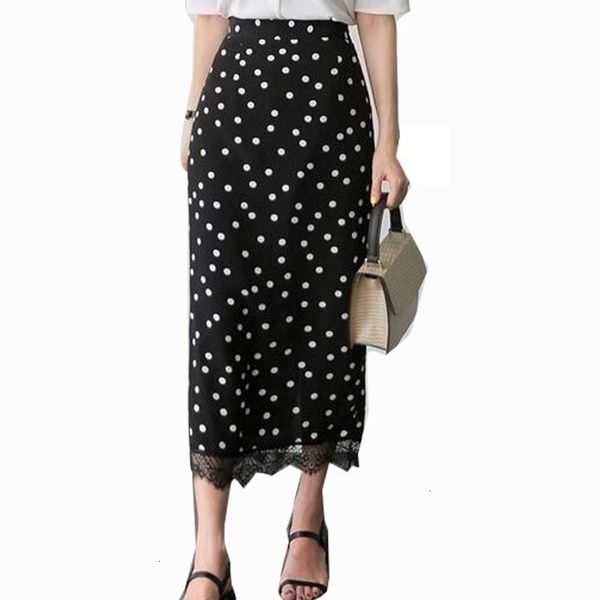 

summer skirts high waist women's design korea design slim black cute sweet girls patchwork lace polka dot skirt long
