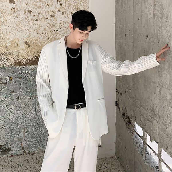 

men autumn 2pcs suits sets (jacket+pants) male streetwear hip hop stripe splice belt business casual blazer coat suit trousers, White;black