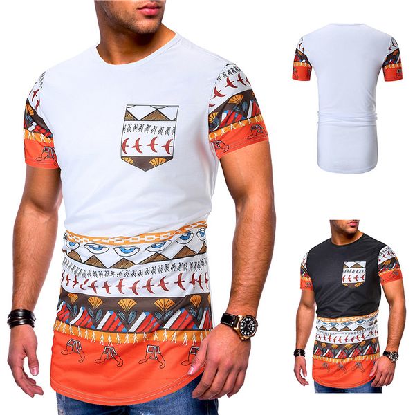 

Ethnic Style Print With Pocket Breathable Mens Tshirts Fashion Summer Short Sleeve Crew Meck Mens Tees