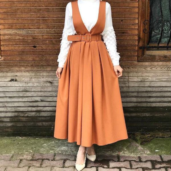 

suspender skirt 2019 women solid preppy style ladies high waist ankle length long maxi skirt belted female muslim pleated, Black