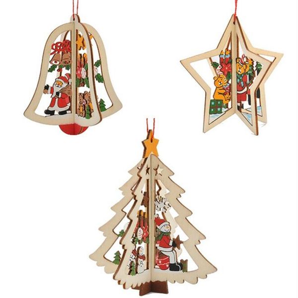 

ws 3pcs christmas tree ornament accessories wooden bell star stereo holiday products