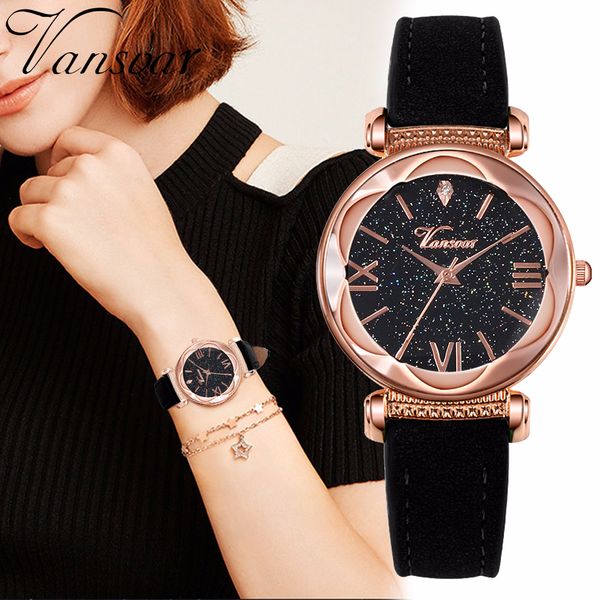

selling women starry sky watch casual luxury rose gold flower surface leather quartz clock watches dropshipping, Slivery;brown