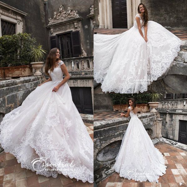 

lussano beach wedding dresses jewel neck a line sweep train boho wedding dress appliques cap sleeves bohemian bridal gowns custom made 4519, White