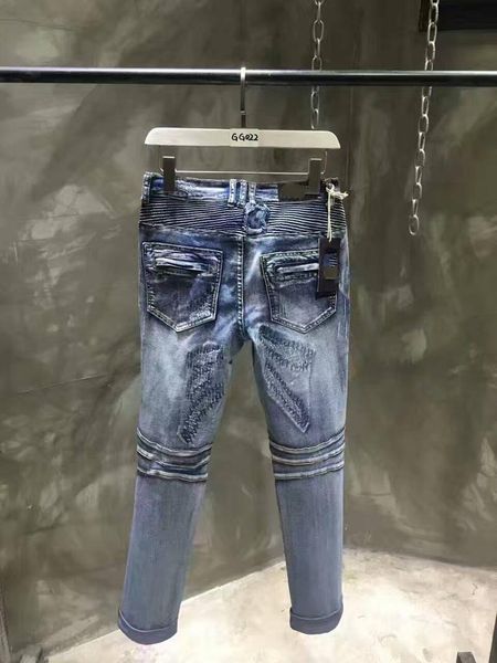 

mens designer pants casual slim biker jeans denim mens designer jeans ripped pants washed mens jeans, Blue