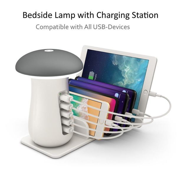 

charging station,charging stand organizer with mushroom led desk lamp-3.0 quick charge multiple charger docking station