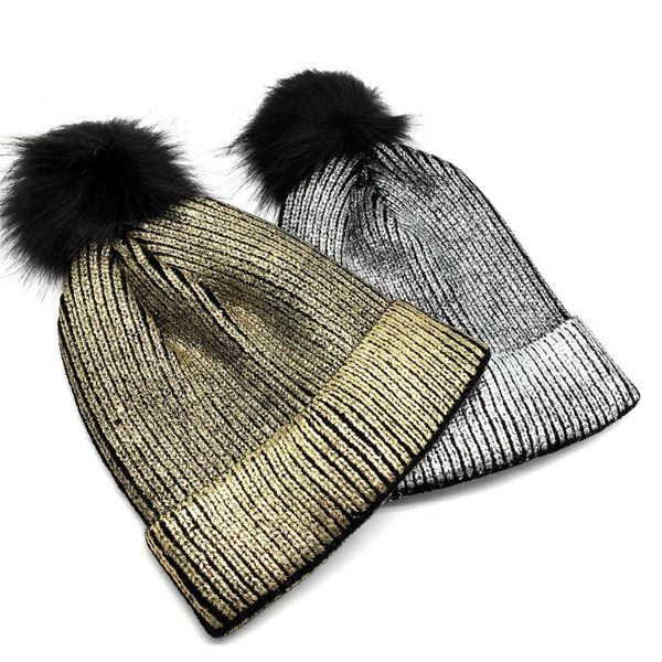 

женщины metallic silver и gold solid color beanie искусственного меха помпон дамы девушки трикотажная теплая зима hat женский блеск шляпы, Blue;gray