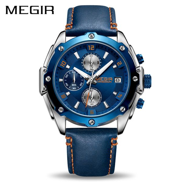 

megir chronograph men watch relogio masculino blue leather business quartz watch clock men creative army wrist watches, Slivery;brown