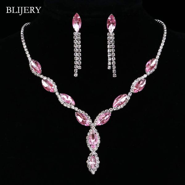 

blijery silver plated leaf tassel wedding jewelry sets for women charm pink crystal long necklace earrings bridal jewelry sets, Slivery;golden