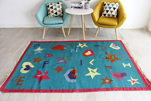 

india kilim blue kilrim kids wool hand book cartoon lovely bedroom a living room table carpetgc193kilyg40