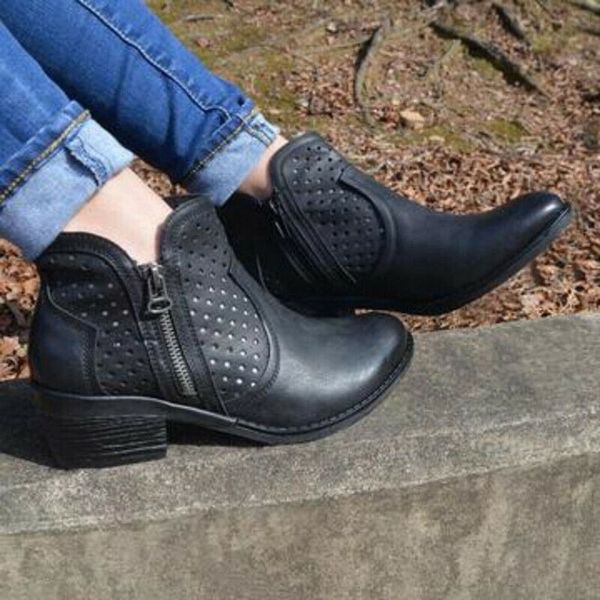 

women ankle boots low chunky heel side zipper travel leather shoes edf88, Black